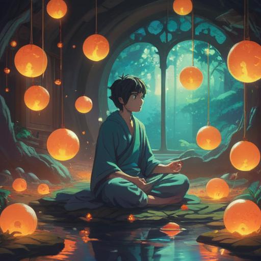 A serene and ethereal scene depicting a person meditating in a tranquil environment, surrounded by soft glowing orbs of light, dreamlike colors, gentle waves of energy, peaceful expression on the face, representing the spiritual significance of falling asleep during meditation, nature elements like trees and flowing water, calm atmosphere, 4k