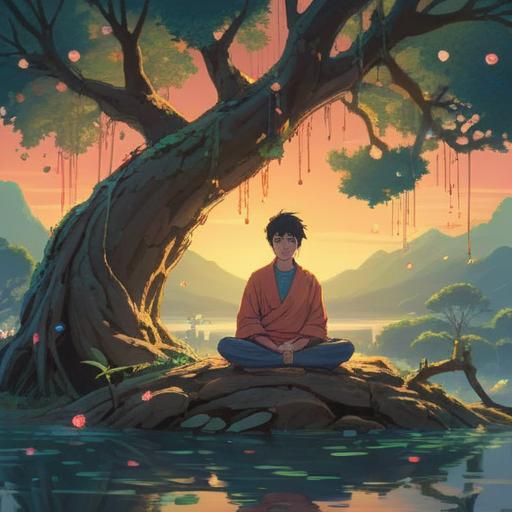 A serene scene depicting a person meditating under a tranquil tree, surrounded by floating lucky charms and symbols, soft sunlight filtering through the leaves, a gentle breeze causing the charms to sway, a cozy blanket nearby, peaceful expressions, hints of dreamlike elements, harmonious atmosphere, 4k