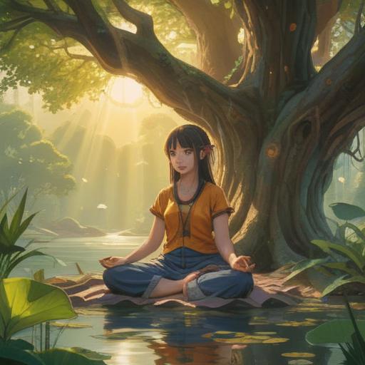 A serene scene of deep meditation, a peaceful figure seated in lotus position under a large, ancient tree, golden rays of sunlight filtering through the leaves, a gentle breeze causing the grass to sway, soft glowing aura surrounding the figure, expressions of tranquility and enlightenment on their face, vibrant nature in the background with blooming flowers, clear blue sky, ethereal atmosphere, 4k