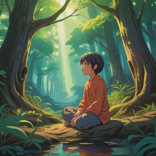 A serene illustration of a person meditating in a tranquil setting, soft light filtering through trees, a gentle aura surrounding them, a subtle yawn showing relaxation and spiritual connection, nature elements like flowers and a stream nearby, peaceful expression, harmonious colors, spiritual energy flowing around, calming atmosphere, 4k
