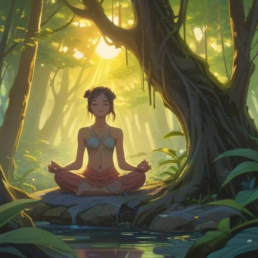 A serene scene of a person meditating in a tranquil environment, gentle sunlight filtering through trees, soft glows surrounding the figure, an ethereal aura reflecting spiritual energy, peaceful expression, subtle yawn indicating relaxation, flowing robes, calming nature sounds, harmonious balance, 4k