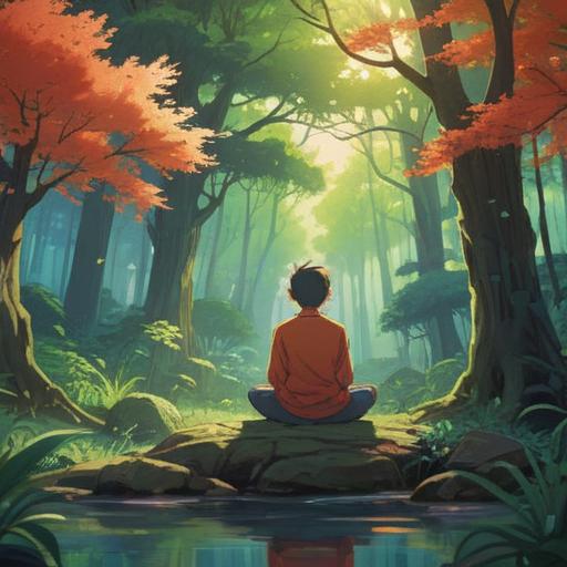 A serene scene of a person meditating in a tranquil environment, soft light filtering through trees, gentle breeze, subtle hints of energy flow around the individual, symbolic representations of spiritual signs like floating orbs or soft glows, calm facial expression, harmonious connection with nature, peaceful atmosphere, 4k