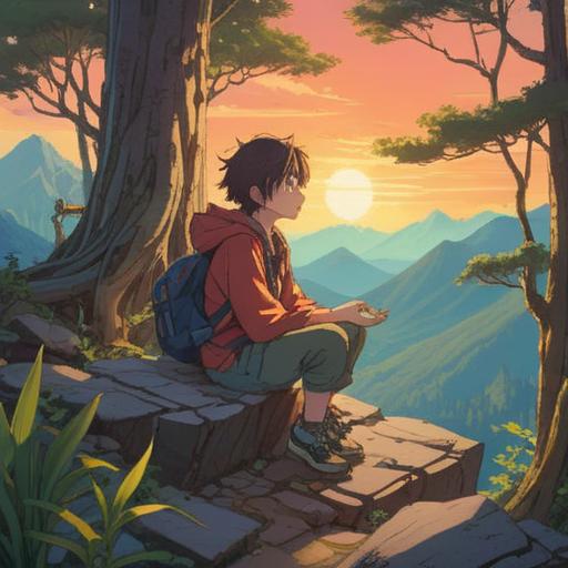 A serene scene of meditation, a person sitting cross-legged on a mountain peak, gentle sunlight filtering through trees, surrounded by glowing crystals, a tranquil aura, yawning expression suggesting relaxation, nature’s beauty, soft colors, ethereal energy, harmonious balance, capturing peace and luck, 4k