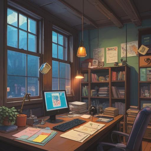 A collection of neatly organized papers, various colored sticky notes, a laptop displaying a digital spreadsheet, a cozy office setting, soft natural light streaming through a window, detailed textures on furniture, an atmosphere of productivity and focus, 4k