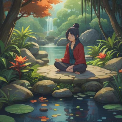 A vibrant illustration of a calm Zen garden, colorful lucky stones placed around a serene pond, a person meditating nearby, natural elements harmonizing with the surroundings, soft sunlight filtering through the trees, peaceful ambiance, hopeful energy, 4k