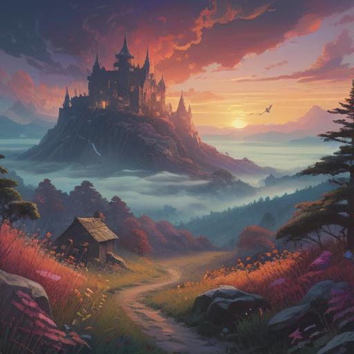 A mystical landscape shrouded in colorful mist, vibrant hues merging into a serene atmosphere, symbols of spirituality emerging through the fog, subtle light revealing ancient runes, a tranquil figure meditating amidst the swirling colors, harmonious connection between nature and the spirit world, ethereal glow illuminating the scene, 4k