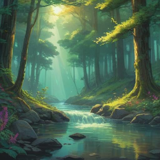 A serene landscape featuring a peaceful forest, gentle sunlight filtering through the trees, a tranquil river flowing, soft green foliage, a sense of harmony and calmness, birds singing in the background, a cozy bench by the river, warm colors, inviting atmosphere, 4k