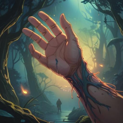 A mysterious and foreboding illustration, featuring a close-up of a human arm with dark bruises, surrounded by ethereal wisps of light, an ominous aura, spiritual symbols emerging from the bruises, a shadowy figure in the background, deep colors, mystical atmosphere, conveying a sense of warning, intricate details, 4k