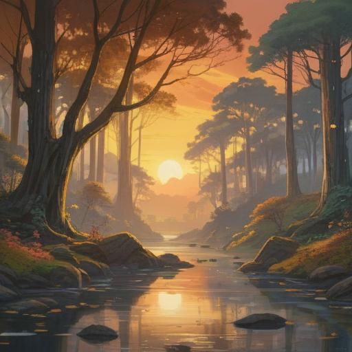 A warm amber hue illuminating a tranquil landscape, ethereal spirits dancing in the light, mystical forest with ancient trees, gentle flowing river reflecting the amber glow, serene atmosphere inviting contemplation, soft rays of sunlight breaking through the canopy, harmonious blend of nature and spirituality, 4k