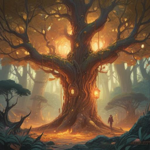 A mystical scene depicting amber hues, ethereal light filtering through ancient trees, symbols of spirituality subtly integrated into the landscape, glowing amber stones scattered on the ground, serene atmosphere, hints of nature's whispers, a sense of awakening and awareness, soft focus, enchanting details, 4k