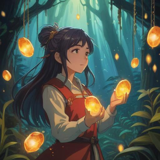 A mystical illustration featuring amber stones glowing softly, surrounded by nature, ethereal light beams shining down, symbolic representations of positivity and spiritual guidance, serene atmosphere, gentle flowing water nearby, lush greenery in the background, harmonious balance of colors, 4k