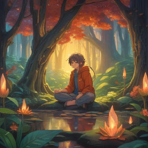 A mystical forest scene, amber crystals glowing softly, subtle ethereal light, a figure meditating, surrounded by natural elements, symbols of caution in the air, a serene and tranquil atmosphere, spiritual guidance visualized, intricate details, 4k