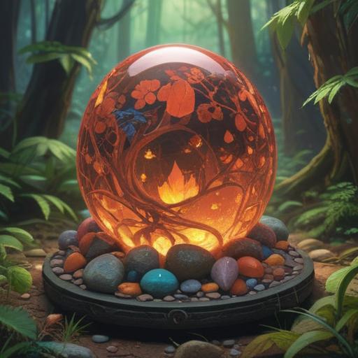 A mystical illustration of a lucky stone infused with the power of amber, glowing softly, surrounded by nature, vibrant colors, intricate patterns on the stone, sunlight filtering through leaves, a sense of tranquility and energy, rich textures, enchanting atmosphere, 4k