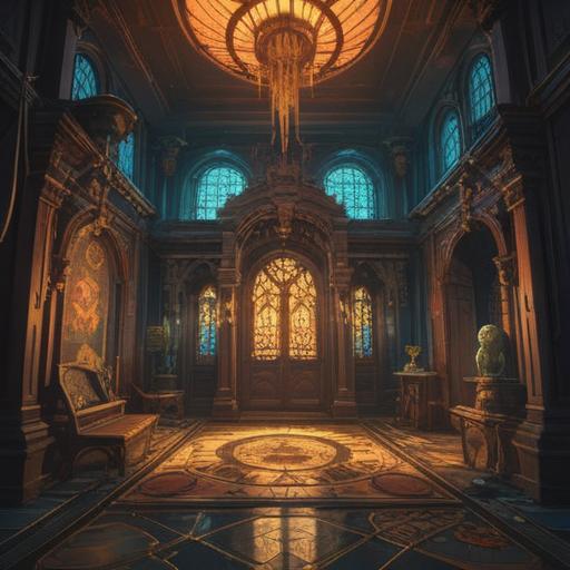 A beautifully designed lock made of amber, intricate patterns carved into the surface, glowing warm light emanating from within, surrounded by elements representing mystery and treasure, soft background with a hint of ancient architecture, mystical atmosphere, 4k