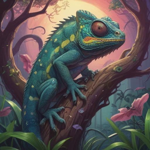 A serene and mystical illustration of a vibrant reptile, such as a chameleon or snake, symbolizing transformation and spiritual growth, surrounded by lush green foliage and colorful flowers, soft glowing light filtering through the leaves, a sense of harmony and connection to nature, intricate details on the reptile's scales, ethereal and calming atmosphere, 4k