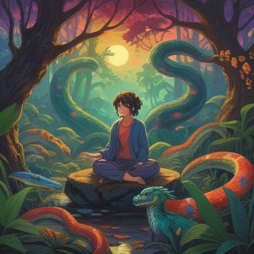 A spiritual connection with reptiles that enhances luck, vibrant colors, enchanting atmosphere, mystical scenery, a person meditating with a snake coiled around them, symbols of good fortune in the background, serene expressions, nature elements, 4k