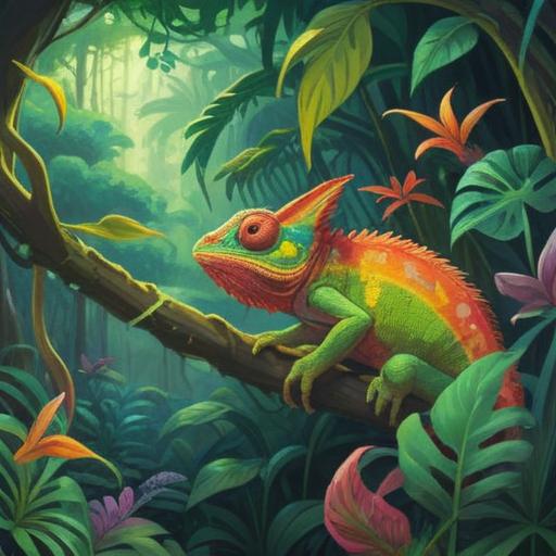A serene and vibrant scene depicting a person interacting with a colorful chameleon, lush greenery surrounding them, gentle sunlight filtering through leaves, a sense of tranquility and connection, subtle hints of good fortune symbols in the background, harmonious atmosphere, vivid colors, 4k