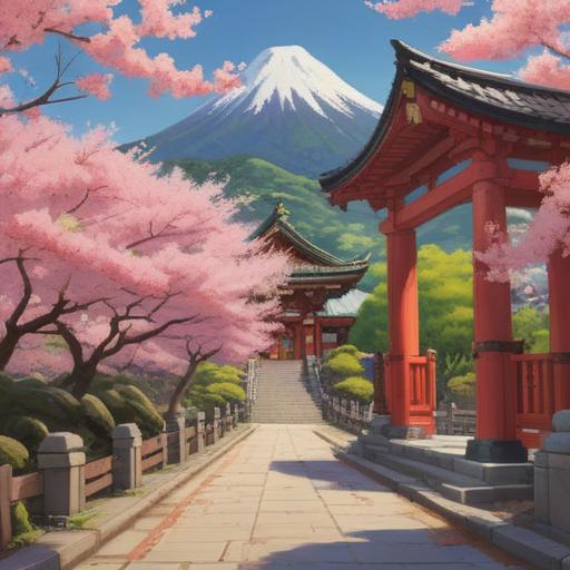 A serene illustration of Sakuragi Shrine, surrounded by blooming cherry blossoms, symbolizing spirituality and tranquility, traditional torii gate leading to the shrine, soft sunlight filtering through the trees, harmonious ambiance, peaceful setting, reflecting cultural significance, 4k