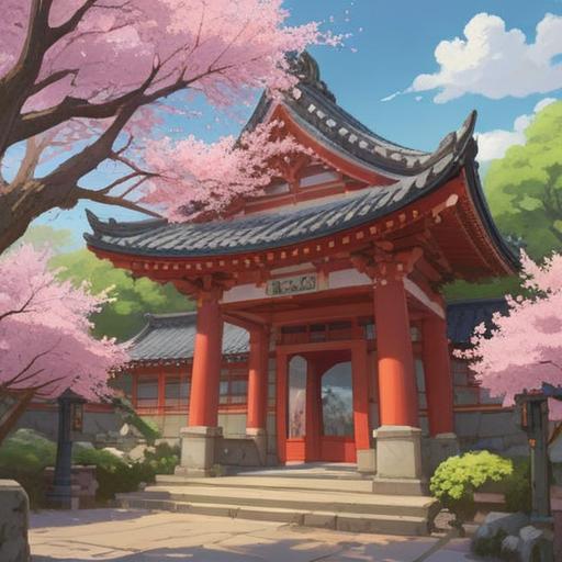 A serene illustration of Sakuragi Shrine surrounded by blooming cherry blossom trees, ethereal light filtering through the petals, tranquil atmosphere, visitors meditating and seeking guidance, traditional torii gate, vibrant colors conveying spirituality, peaceful pathways, detailed natural scenery, 4k