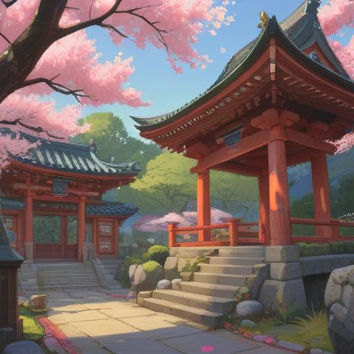 A serene illustration of Sakuragi Shrine, spiritual signs visible in the surroundings, cherry blossoms in bloom, a gentle breeze rustling leaves, a mystical aura, beams of sunlight filtering through trees, visitors in quiet contemplation, detailed architecture of the shrine, peaceful atmosphere, nature intertwined with spirituality, 4k