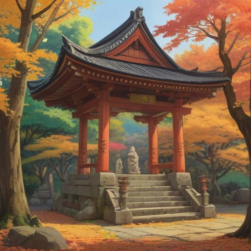 A serene scene at a Shinto shrine after a prayer, vibrant autumn foliage, a gentle breeze rustling through the leaves, a person wearing traditional kimono, a sense of tranquility, sacred atmosphere, sunlight filtering through the trees, enhancing positive energy, 4k