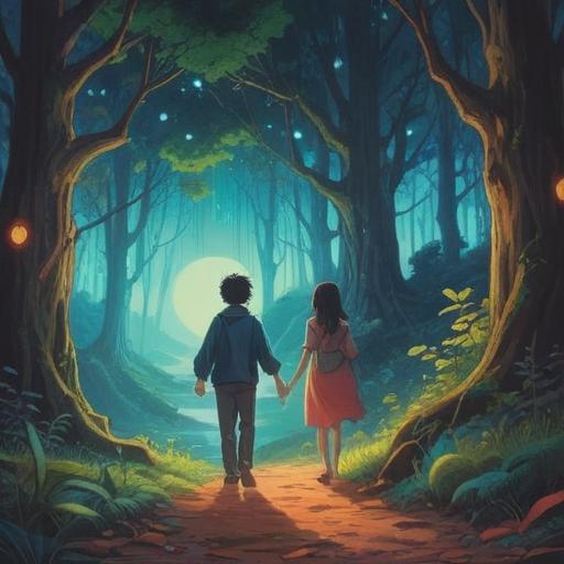 A mystical scene depicting two figures in a serene landscape, ethereal light illuminating their connection, gentle wind rustling through trees, subtle signs of harmony represented by blooming flowers, soft glows and orbs encircling them, an atmosphere of tranquility and spiritual awakening, deep meaning in body language, 4k