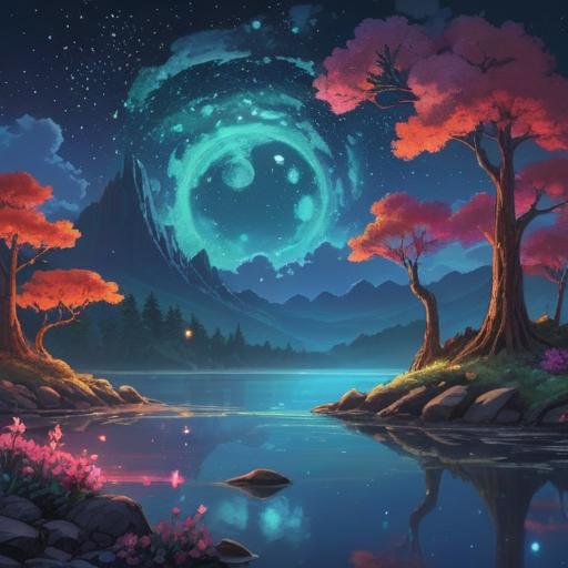A mystical night sky filled with the Subaru star cluster, ethereal glow, celestial bodies shimmering, serene landscape with tranquil waters reflecting the stars, spiritual symbolism of unity and harmony, vibrant colors in the cosmic backdrop, peaceful ambiance, 4k