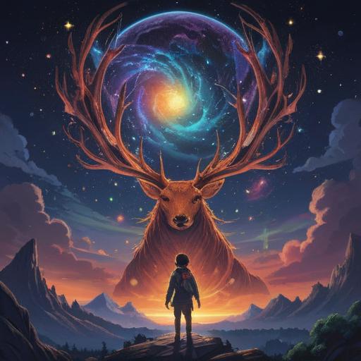 A serene landscape depicting a night sky filled with shimmering stars, a large radiant constellation resembling a mythical creature, a figure meditating under the stars, a sense of tranquility and enlightenment, soft glows highlighting the figure, celestial elements symbolizing positive spiritual signs, 4k