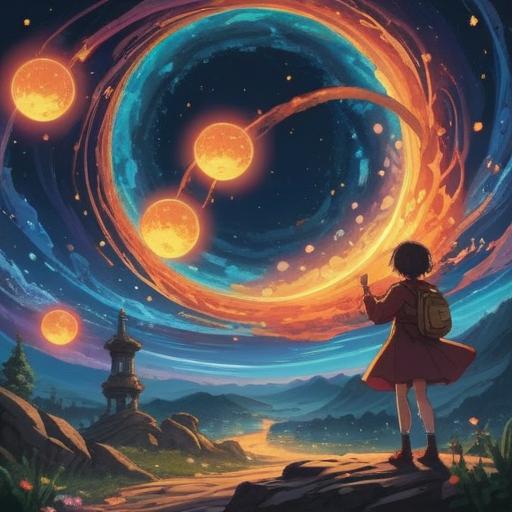 A vibrant scene depicting a character experiencing a moment of luck under a starry sky, celestial elements swirling around, a sense of joy and excitement, colorful shooting stars, whimsical atmosphere, magic in the air, sparkling effects, dynamic pose, 4k