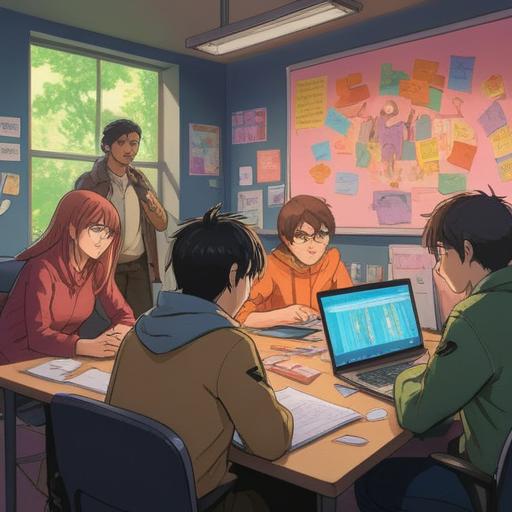 A visually engaging illustration of a team collaborating around a large table filled with colorful sticky notes, laptops open, focused expressions, a whiteboard filled with ideas in the background, natural light streaming in from large windows, vibrant office environment, teamwork and creativity, 4k