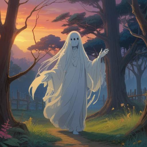 A serene and spiritual scene depicting the moment of relief as a ghostly figure fades away, surrounded by a soft glow, symbolizing the release of negative energies, lush nature in the background, gentle light filtering through trees, calm waters reflecting serenity, vibrant colors, ethereal atmosphere, 4k