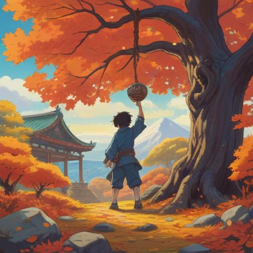 A serene scene depicting a traditional Japanese setting, a person releasing a charm or amulet tied to a tree, vibrant autumn leaves falling, an aura of light surrounding the charm, symbolism of good fortune, tranquil river in the background, soft sunlight filtering through the trees, peaceful atmosphere, 4k