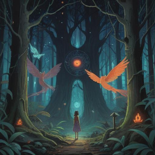 A mystical illustration depicting spiritual signs associated with warning of a shamanic illness, ethereal symbols glowing softly in a dark forest, a wise shaman character observing the signs, ancient trees with twisting branches, moonlight filtering through the leaves, an aura of intrigue and caution, detailed elements of nature surrounding the scene, 4k