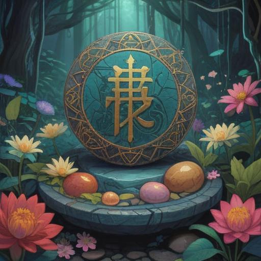 A serene and mystical illustration of a lucky stone surrounded by ethereal light, ancient symbols and runes etched on its surface, delicate flowers blooming around it, soft flowing water in the background, tranquil atmosphere, spiritual energy emanating from the stone, 4k