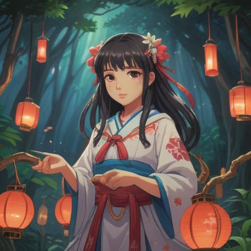 A spiritual warning from a shrine maiden, ethereal glow, serene forest setting, traditional shrine with lanterns, mystical symbols in the air, gentle breeze, alert expression on the maiden’s face, soft light filtering through trees, atmospheric feel, detailed natural surroundings, harmonious colors, 4k