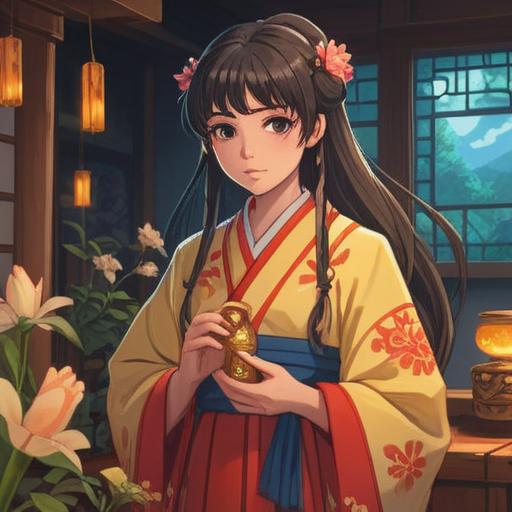 A serene illustration of a shrine maiden holding a lucky charm, surrounded by vibrant seasonal flowers, mystical aura, golden light illuminating the scene, traditional Japanese elements, soft flowing garments, peaceful expression, harmonious connection to nature, 4k