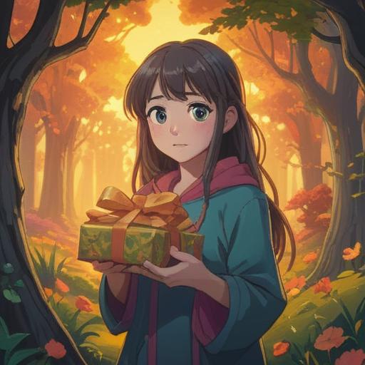 A serene illustration depicting a person receiving a gift, warm sunlight filtering through trees, gentle expressions of gratitude, symbolic representation of abundance and generosity, subtle hints of spiritual connection, harmonious setting, nature elements, 4k