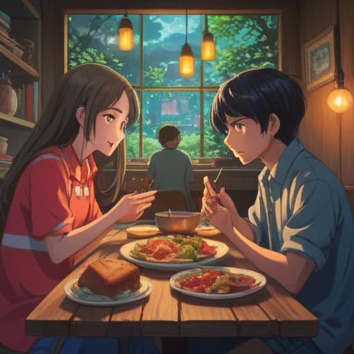 A serene and uplifting scene, a person being treated to a meal by a friend, bright and inviting atmosphere, warm smiles exchanged, subtle symbols of abundance and generosity in the background, nature-inspired elements signifying spiritual growth, harmonious energies, 4k