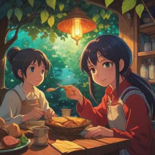 A serene moment of spiritual connection during a meal, two friends sharing a table, soft sunlight filtering through leaves, gentle smiles and meaningful conversation, an aura of warmth and gratitude, harmonious ambiance, vibrant colors, 4k