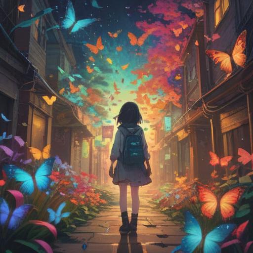 A serene and ethereal scene depicting a person standing at a crossroads, surrounded by colorful butterflies symbolizing change, soft glowing lights representing spiritual awareness, lush green trees symbolizing growth, a gentle breeze rustling the leaves, tranquil water flowing nearby, representing the flow of life, deep blue sky with wispy clouds, subtle hints of mystical elements, 4k