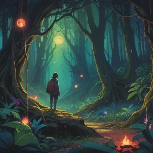 A mysterious forest setting, a figure observing a haughty person surrounded by dark energy, ethereal symbols floating in the air, tension between light and shadow, spiritual warning signs illustrated as glowing patterns, reflective water surface mirroring the characters, sacred elements highlighting the atmosphere, 4k