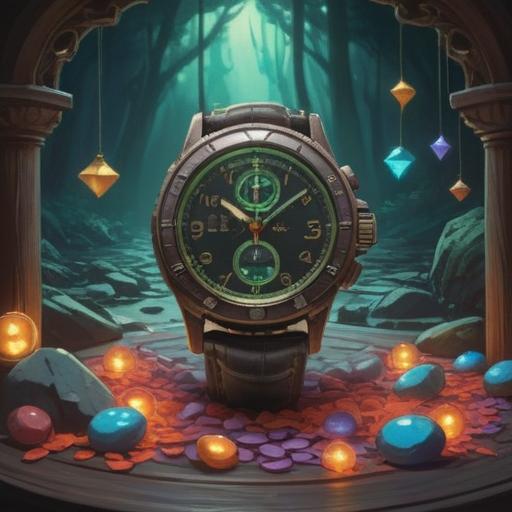 A mysterious scene featuring a stopped wristwatch on a wooden table, surrounded by glowing lucky stones, soft light illuminating the stones, intricate details on the watch's face, hints of an enchanted atmosphere, shadows adding depth, a sense of time frozen, vibrant colors, captivating composition, 4k
