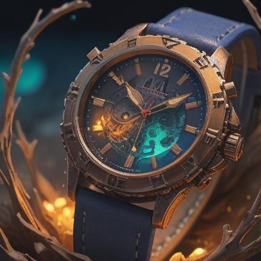 A spiritual illustration depicting a broken wristwatch, symbolizing transformation and new beginnings, ethereal light surrounding the watch, soft glows representing positivity, a serene landscape in the background, mystical elements like floating orbs, calming colors, reflective water surface, symbolic nature, an aura of hope and renewal, 4k