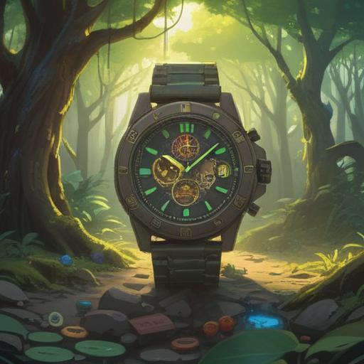 A broken wristwatch in a serene setting, surrounded by lucky charms and symbols of good fortune, gentle sunlight filtering through trees, evoking a sense of hope and positivity, contrasting the broken watch with vibrant colors of the charms, soft focus background, 4k