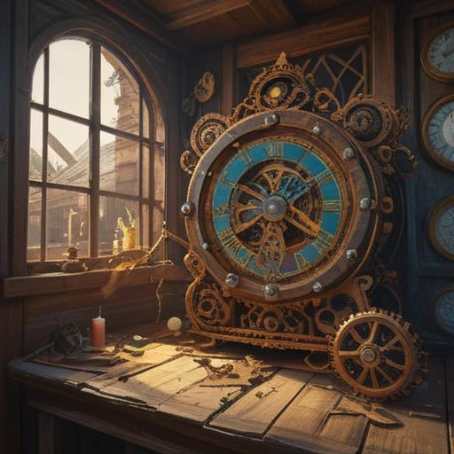 A broken clock lying on an old wooden table, intricate gears scattered around, soft light filtering through a dusty window, a contemplative figure gazing at the clock, surrounded by memories, gentle reflections on time and change, a sense of realization, warm tones, artistic depth, 4k