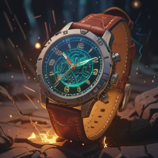 A symbolic illustration of a broken wristwatch, light shining through cracks, ethereal energy surrounding it, representing spiritual awakening, vibrant colors, peaceful environment, serene nature backdrop, elements of time flowing, a sense of liberation, meaningful representation, 4k