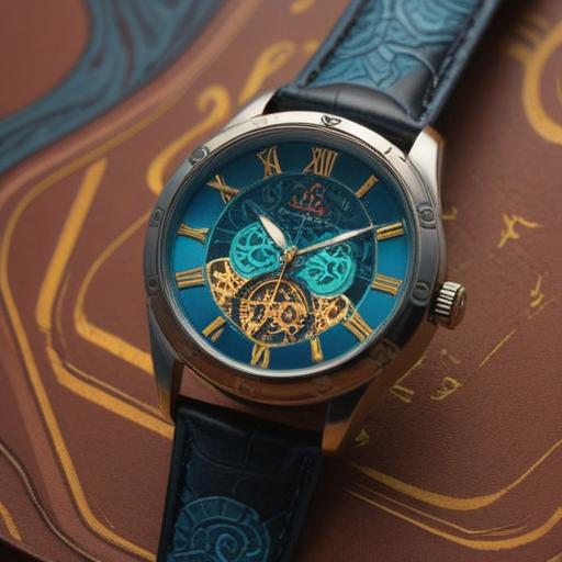 A close-up of an elegant wristwatch, showing a mystical aura, intricate symbols surrounding the watch face, glowing numbers indicating spiritual signs, nature elements intertwined with the watch, soft light filtering through lush greenery, calm and reflective mood, emphasis on intricate details, 4k