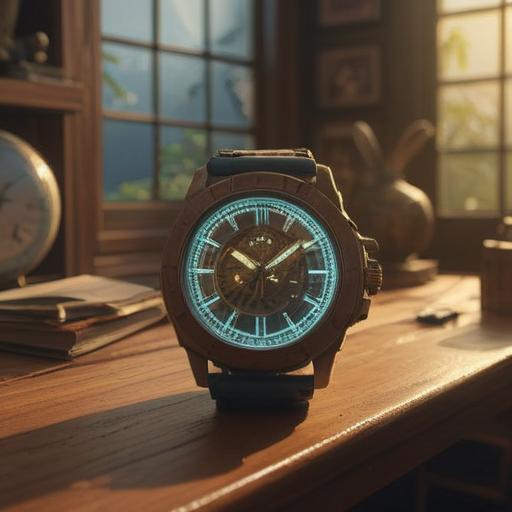 A serene indoor setting, a glowing wristwatch placed on a wooden table, sunlight streaming through a window, subtle reflections on the watch face, surrounded by small lucky charms like a four-leaf clover and a fortune cat, warm and inviting ambiance, soft shadow play, evokes feelings of joy and good fortune, 4k