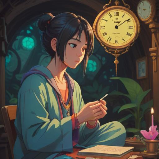 A person in a serene setting, meditating while holding a beautiful wristwatch, soft light illuminating the watch, ethereal symbols around them representing spiritual growth, peaceful nature background, a sense of harmony and balance, uplifting energy, 4k