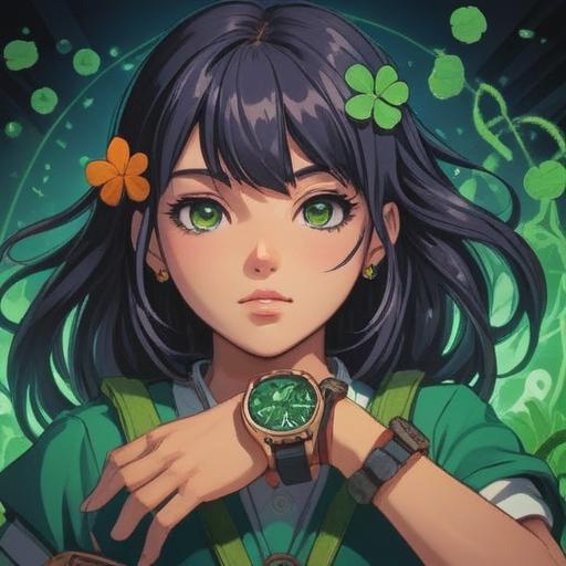 A person happily wearing a new wristwatch, surrounded by symbols of good luck, like a four-leaf clover, a horseshoe, and a lucky cat, bright and cheerful atmosphere, vibrant colors, smiling expression, cozy café setting in the background, soft sunlight streaming through the window, 4k